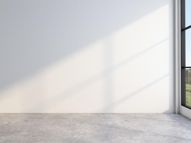 Minimalist loft empty room with white wall and polished concrete floor 3d rendering