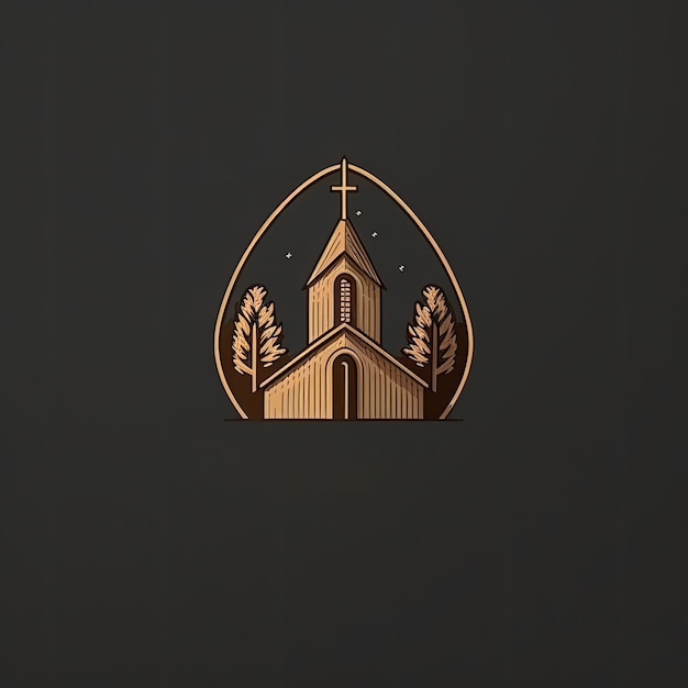 Minimalist logo illustration of church with trees background