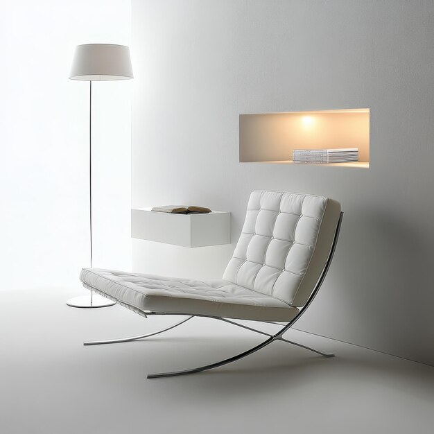 Photo a minimalist lounge area featuring a sleek chair lamp and wall shelf for relaxation