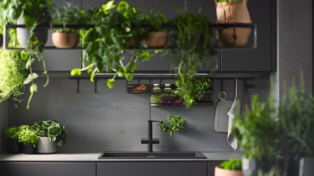 Photo minimalist and lush urban kitchen with hanging herb garden