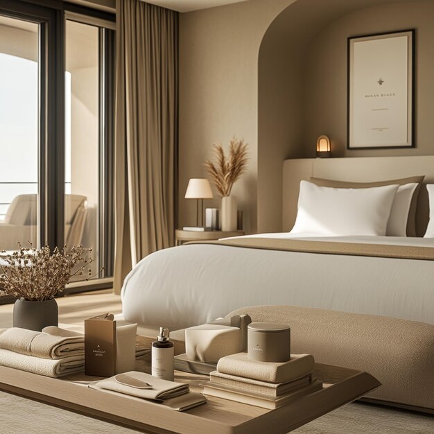 Photo minimalist luxury hotel room interior design with wooden coffee table and bedside table