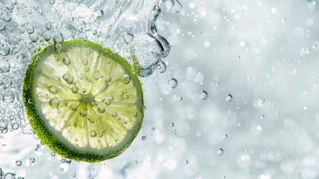 Minimalist Macro Shot of Sparkling Water with Lime and Bubbles