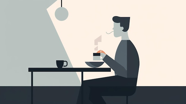 Minimalist man drinking coffee on a table vector illustration