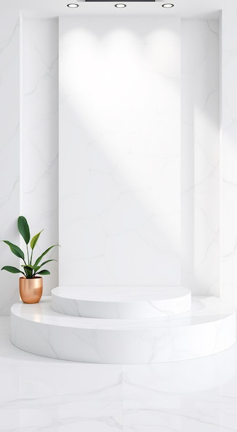 Minimalist marble podium with plant in a room with white walls and overhead lighting