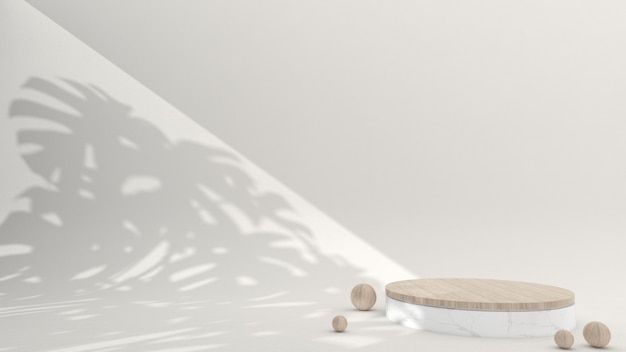 Minimalist marble and wood podium on the cream background, 3d rendering, 3d illustration