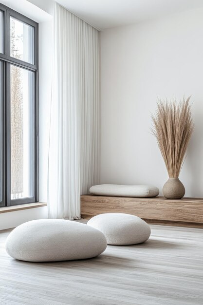 Minimalist meditation corner in a room with cushions minimal furniture and a large window filling the space with natural lighting Scandinavian residential interiors with copyspace