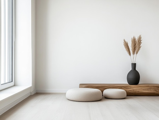 Photo minimalist meditation corner in a room with cushions minimal furniture and a large window filling the space with natural lighting scandinavian residential interiors with copyspace