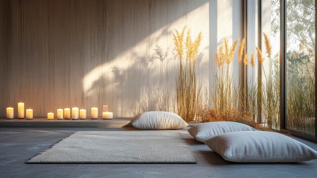 Photo minimalist meditation corner with candles and pampas grass by the window