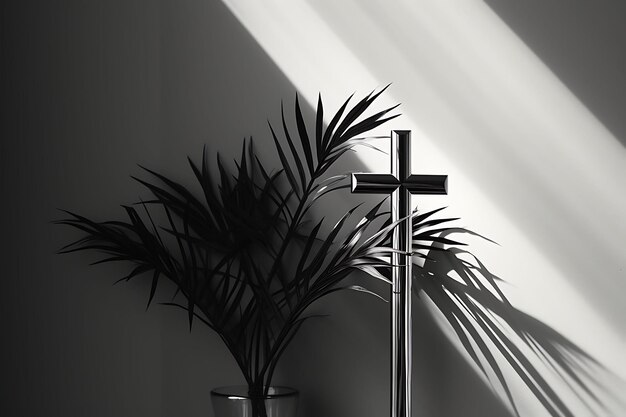 Minimalist Metal Sacred Cross and Monochrome Palm Leaves Dec Cross Palm Sunday Photo Christian Art