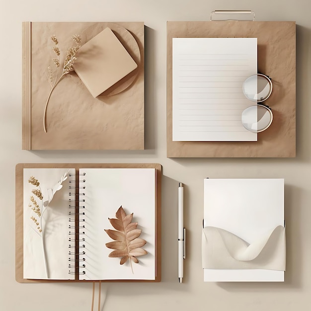 Minimalist Mockup with Beige and White Elements Notebook Clipboard Paper and Dried Flowers