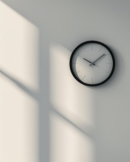 minimalist modern clock on a plain wall with soft light and shadows with copy space for text