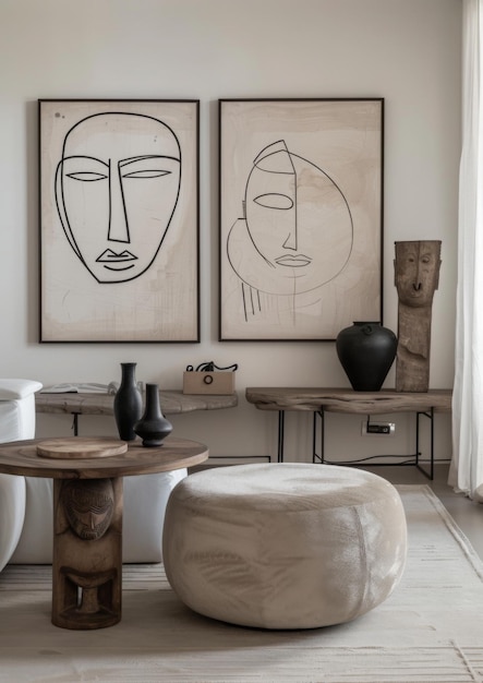 A minimalist modern living room with two framed line art drawings of abstract faces on the wall