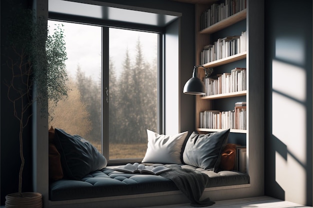 Minimalist modern reading book built into large windows