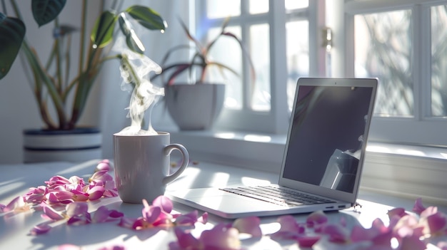 Photo a minimalist modern workspace with a sleek laptop a coffee cup with steam rising and a few ro