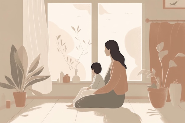 Minimalist Mother's Day illustration that depicts a mother and child in a peaceful indoor setting