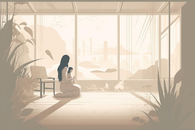 Minimalist Mother's Day illustration that depicts a mother and child in a peaceful indoor setting