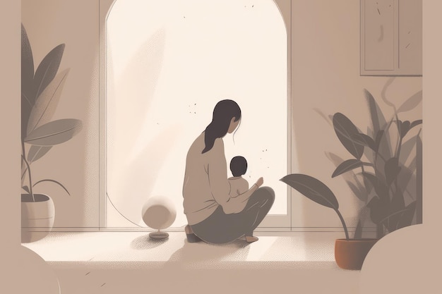 Minimalist Mother's Day illustration that depicts a mother and child in a peaceful indoor setting