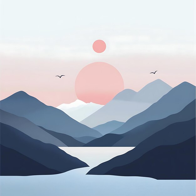 Photo minimalist mountain landscape with pink sun and birds