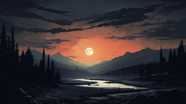 Minimalist Night Scene Drawing Of Montana National Park