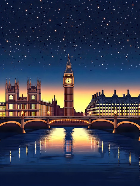 Photo minimalist nighttime skyline of iconic london city with big ben and river thames