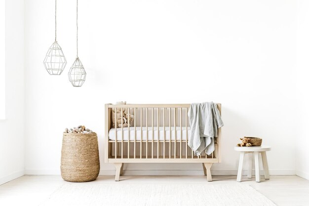 Minimalist Nursery Decor with Wooden Crib and Wicker Basket