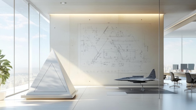 Minimalist Office Design Sleek Lines Pyramid Sculpture Military Jet Blueprint Inspiration