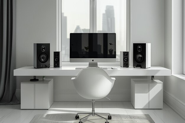 Photo minimalist office desk computer speakers with back to the camera wideangle view