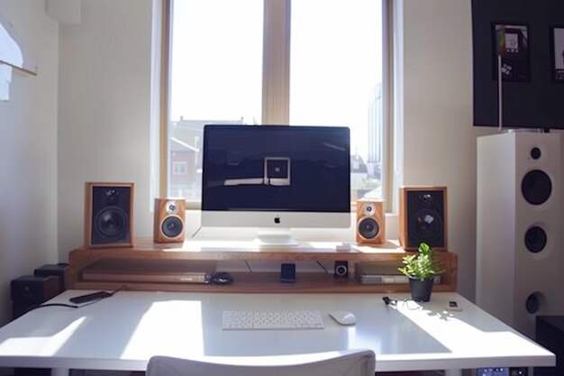 Photo minimalist office desk computer speakers with back to the camera wideangle view