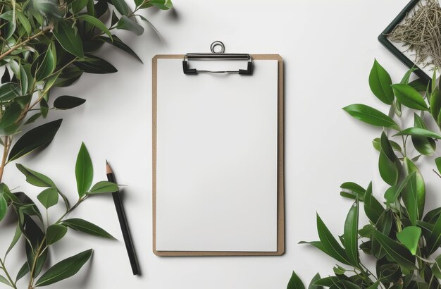 Photo minimalist office desk with clipboard and greenery