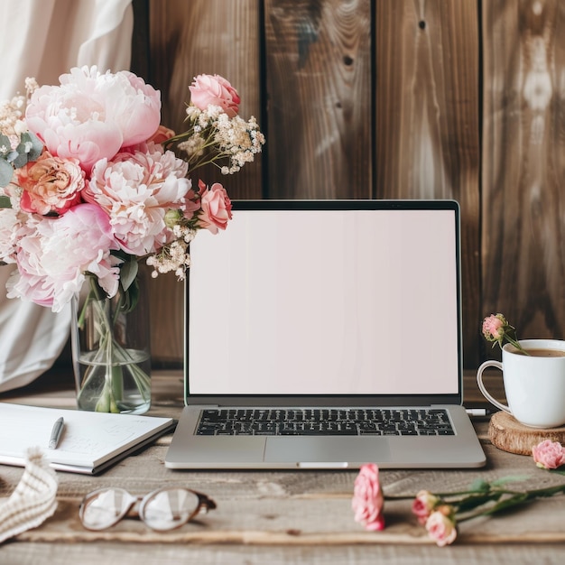 Photo minimalist office desk with a laptop displaying a blank screen mockup flowers coffee cup glasses