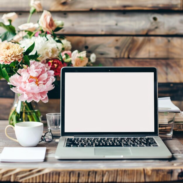 Photo minimalist office desk with a laptop displaying a blank screen mockup flowers coffee cup glasses