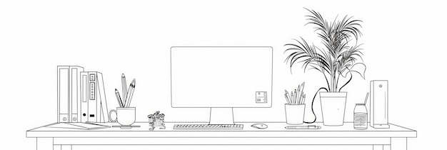 Minimalist Office Desk with Plants and Computer A minimalist drawing of an office desk with a comp