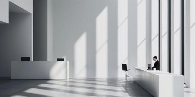 Photo minimalist office lobby with large windows and reception desk sunlit modern interior design