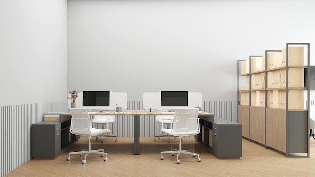 Minimalist office room with desk set and wood filing cabinet 3d rendering