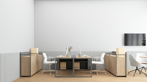 Minimalist office room with filing cabinet and small meeting table 3d rendering