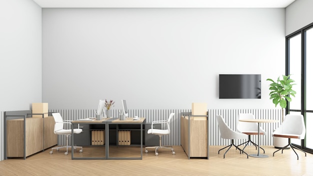 Minimalist office room with filing cabinet and small meeting table 3d rendering