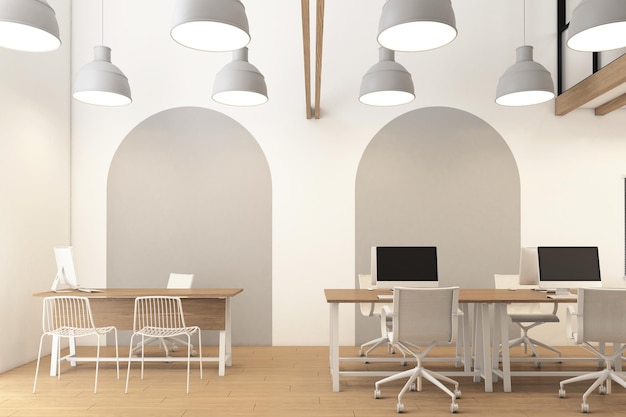 Minimalist office room with hanging lamp and wood desk white wall and wood floor 3d rendering