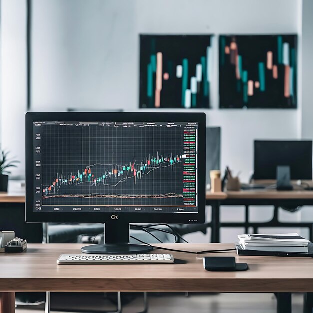 Photo minimalist office setup with a stock market trend chart on the desktop monitor