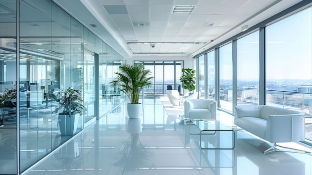 Photo minimalist office space with sleek white furniture and glass walls