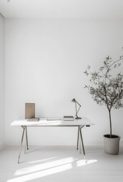 Photo minimalist office space with white walls a sleek desk and minimal decor to maintain focus and productivity