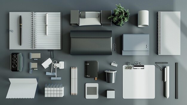 Photo minimalist office supplies arranged on gray surface image