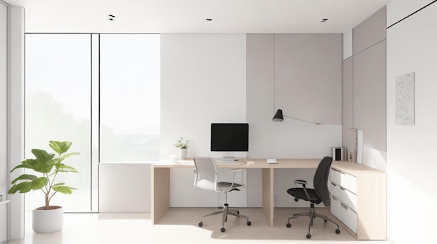 Minimalist Office with Neutral Tones and Abundant Light