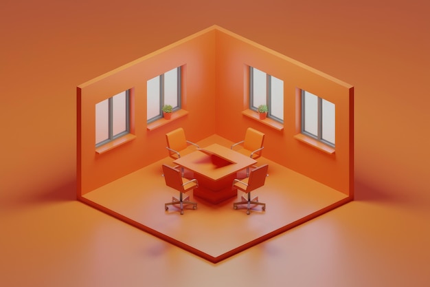 Minimalist orange office with four chairs and a table windows and potted plants