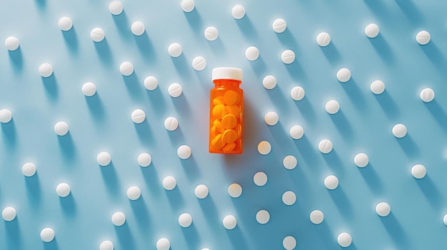 Photo minimalist orange pill bottle on blue background surrounded by white pills