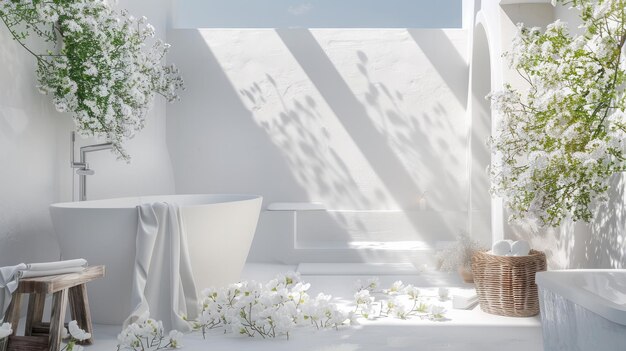 Photo minimalist outdoor white bathroom with white flowers and greek vibes