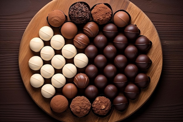 Minimalist overhead shot of chocolate truffles arranged in a circular pattern