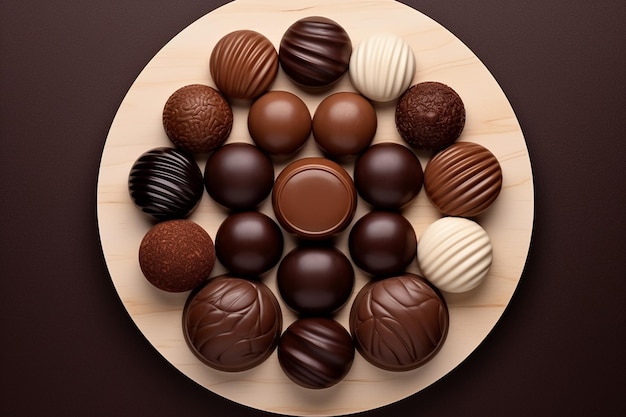 Minimalist overhead shot of chocolate truffles arranged in a circular pattern