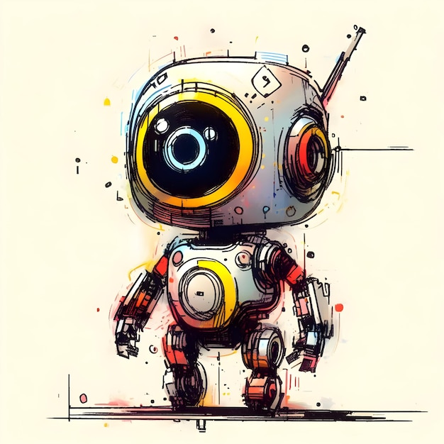 Minimalist painting of scifi cute robot pen and ink sketch