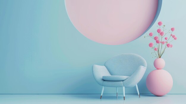 Minimalist pastel blue and pink interior design with armchair and flowers