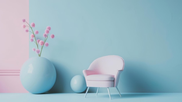 Minimalist pastel blue and pink room interior with armchair and vase